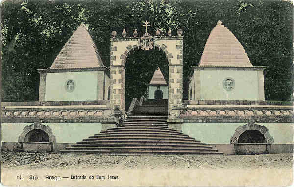 N 315 - Braga. Entrada do Bom Jesus - Ed. Alberto Malva - SD - Dim. 14x8,9 cm - Col. M. Soares Lopes.