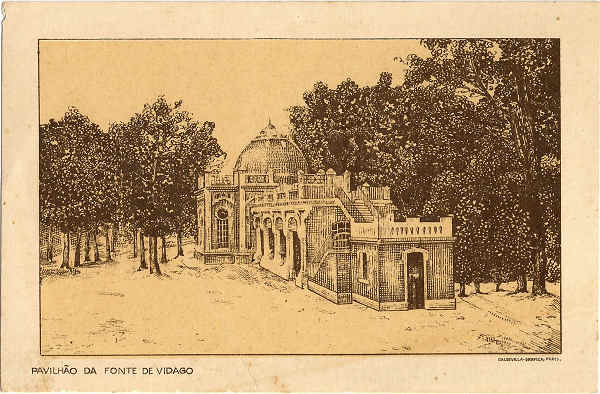 SN - VIDAGO-PAVILHO DA FONTE DE VIDAGO - Edio da Sociedade de Vidago & Pedras Salgadas, com sede no Porto, na Rua da Cancella Velha N 29 - Impresso: Caldevilla-Grafica, Porto - SD -  Dim. 9x14 cm. - Col. Jaime da Silva (Circulado em 1923).