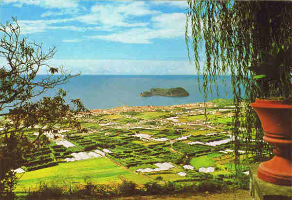 N.º 621 - S. MIGUEL - Açores VILA FRANCA DO CAMPO Vista geral vendo-se ao fundo as estufas de ananazes - Ed. CÓMER - TRAV. DO ALECRIM, 1 - TELF.328775 LISBOA-PORTUGAL - S/D Dim: 14,9x10,4cm - Col. Manuel Bóia(1981).