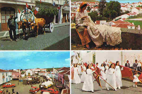 Nº 45 - ILHA TERCEIRA - Açores  Carro de bois - Festa de Espírito Santo. Carros de Toldo - Festa de Espírito Santo. Bordadeira da Ilha Terceira . Coroação de Espírito Santo - Ed. ORMONDE - S/D - Dim. 15x10,4 cm. - Col. Manuel Bóia (1981).