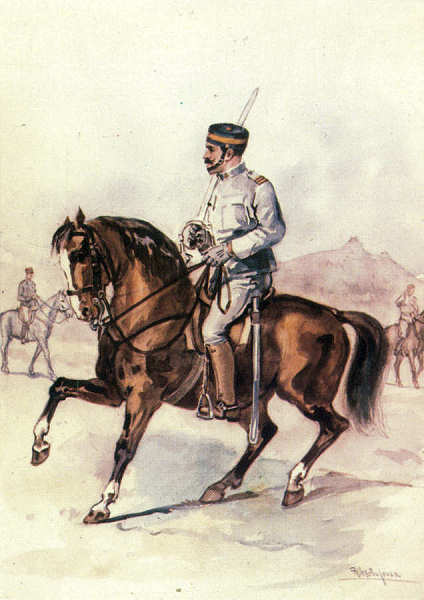 N 03 - 2 Sargento de Cavalaria; Plano de Uniformes 1911 - Edio Museu Militar, 1989 - Dim. 14,8x10,4 cm -  Aguarela de Alberto de Sousa - Col. Amlcar Monge da Silva