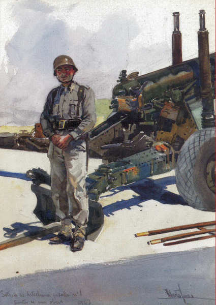 N 42 - Soldado de Artilharia Pesada n 1 junto a um obus (1947) - Edio Museu Militar, 1991 - Dim. 14,8x10,4 cm -  Aguarela de Alberto de Sousa - Col. Amlcar Monge da Silva