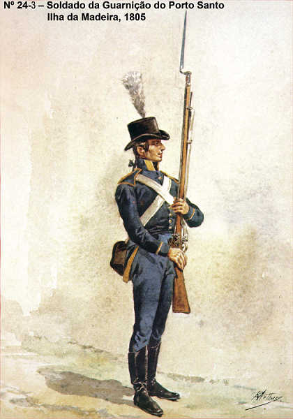 N 24-3 - Soldado da Guarnio do Porto Santo, Ilha da Madeira, 1805 - Aguarela do Cor. Ribeiro Artur - Edio Jornal do Exrcito, 1983 - Dim. 15x10,5 cm - Col. A. Monge da Silva.