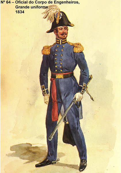 N 64 - Oficial do Corpo de Engenheiros, 1834, Grande uniforme - Aguarela do Cor. Ribeiro Artur - Edio Jornal do Exrcito S/D (1983?) - Dim. 15x10,3 cm - Col. A. Monge da Silva