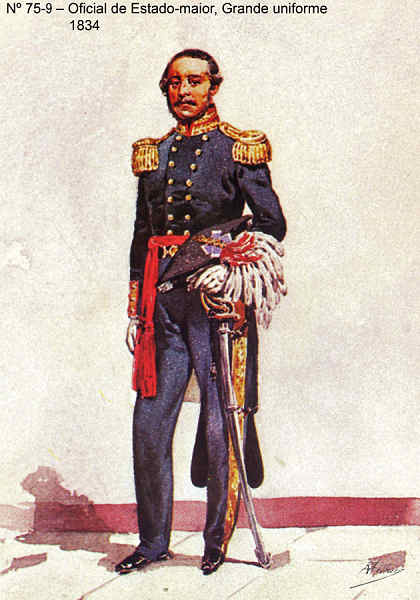 75-9 - Oficial de Estado-maior, 1834, Grande uniforme - Aguarela do Cor. Ribeiro Artur - Edio Jornal do Exrcito, 1983 - Dim. 15x10,3 cm- Col. A. Monge da Silva