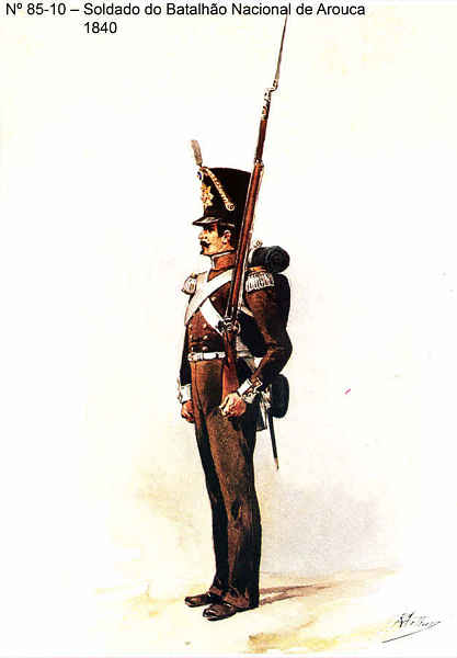 N 85-10 - Soldado do Batalho Nacional de Arouca, 1840 - Aguarela do Cor. Ribeiro Artur - Edio Jornal do Exrcito, 1983 - Dim. 15x10,3 cm - Col. A. Monge da Silva