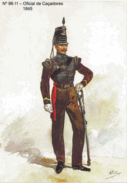 N 96-11 - Oficial de Caadores, 1845 - Aguarela do Cor. Ribeiro Artur - Edio Jornal do Exrcito, 1983 - Dim. 15x10,3 cm - Col. A. Monge da Silva