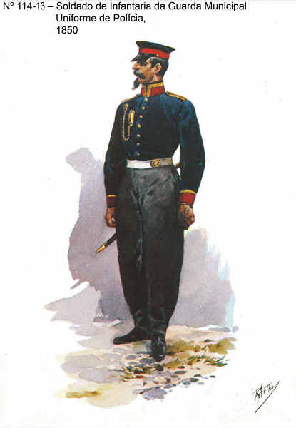 N 114-13 - Soldado de Infantaria da Guarda Municipal, Uniforme de polcia, 1850 - Aguarela do Cor. Ribeiro Artur - Edio Jornal do Exrcito, 1983 - Dim. 15x10,3 cm - Col. A. Monge da Silva