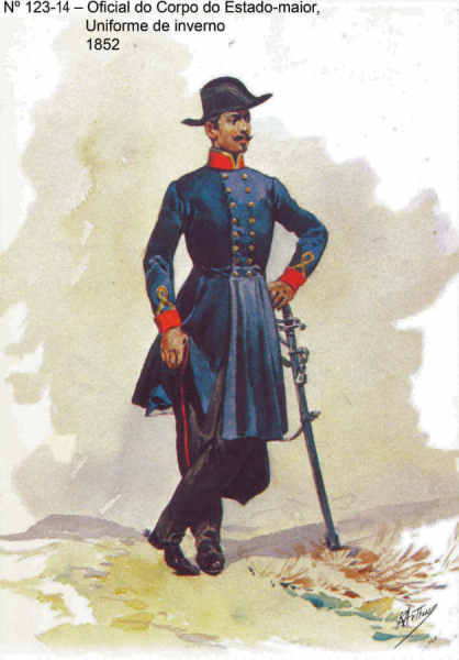 N 123-14 - Oficial do Corpo do Estado-maior, Uniforme de inverno, 1852 - Aguarela do Cor. Ribeiro Artur - Edio Jornal do Exrcito, 1985 - Dim. 15x10,3 cm - Col. A. Monge da Silva