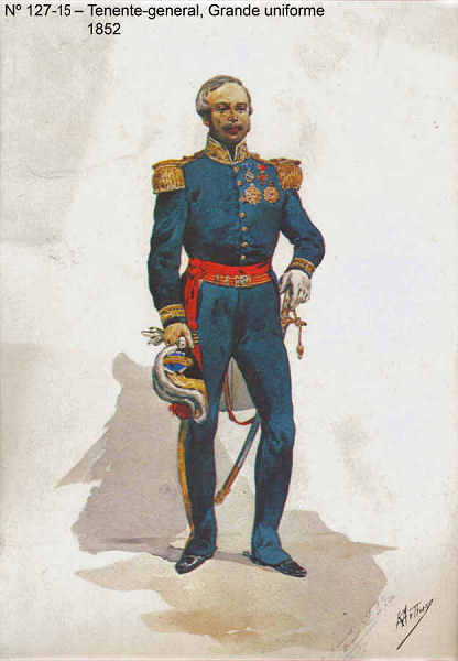 N 127-15 - Tenente-general, Grande uniforme, 1852 - Aguarela do Cor. Ribeiro Artur - Edio Jornal do Exrcito, 1985 - Dim. 15x10,3 cm - Col. A. Monge da Silva