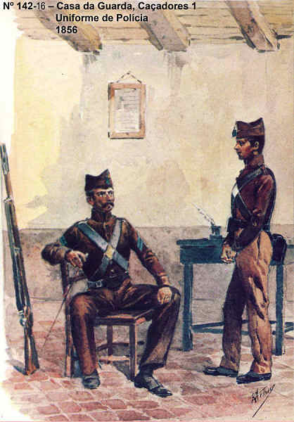 N 142-16 - Casa da Guarda, Caadores 1, Uniforme de polcia, 1856 - Aguarela do Cor. Ribeiro Artur - Edio Jornal do Exrcito, 1985 - Dim. 15x10,3 cm - Col. A. Monge da Silva