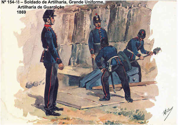 N 154-18 - Soldado de Artilharia, Grande Uniforme, Artilharia de Guarnio, 1869 - Aguarela do Cor. Ribeiro Artur - Edio Jornal do Exrcito, 1985 - Dim. 15x10,3 cm - Col. A. Monge da Silva