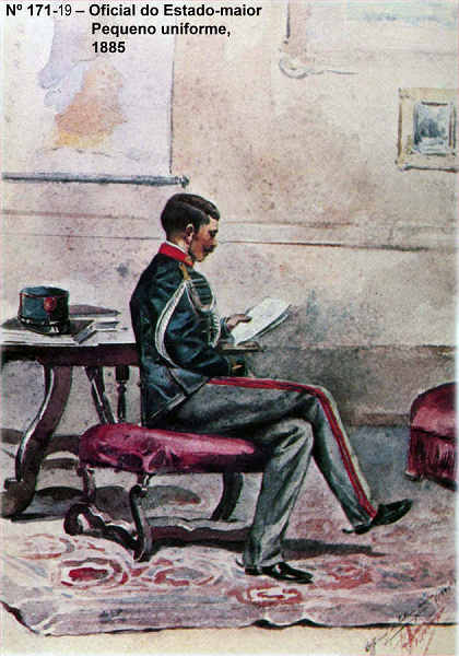 N 171-19 - Oficial do Estado-maior, Pequeno uniforme, 1885 - Aguarela do Cor. Ribeiro Artur - Edio Jornal do Exrcito, 1985 - Dim. 15x10,3 cm - Col. A. Monge da Silva