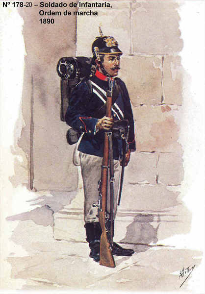 N 178-20 - Soldado de Infantaria, Ordem de marcha, 1890 - Aguarela do Cor. Ribeiro Artur - Edio Jornal do Exrcito, 1985 - Dim. 15x10,3 cm - Col. A. Monge da Silva