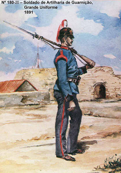 N 180-20 - Soldado de Artilharia de Guarnio, Grande Uniforme, 1891 - Aguarela do Cor. Ribeiro Artur - Edio Jornal do Exrcito, 1985 - Dim. 15x10,3 cm - Col. A. Monge da Silva