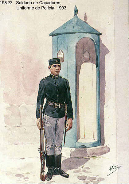 N 198-22 - Soldado de Caadores, Uniforme de Polcia, 1903 - Aguarela do Cor. Ribeiro Artur - Edio Jornal do Exrcito, 1987 - Dim. 15x10,3 cm - Col. A. Monge da Silva