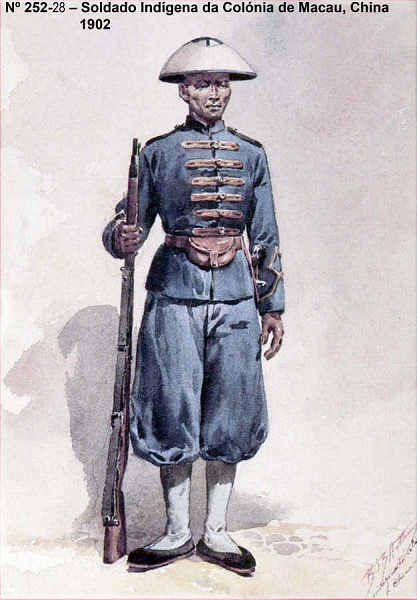 N 252-28 - Soldado Indgena da Colnia de Macau, China, 1902 - Aguarela do Cor. Ribeiro Artur - Edio Jornal do Exrcito, 1987 - Dim. 15x10,3 cm - Col. A. Monge da Silva