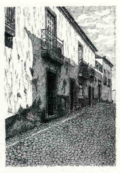 N 28 - Casa de Guilherme de Azevedo - Desenho de Arsnio Ressurreio - Edio Associao de Estudos e Defesa do Patrimnio Histrico-Cultural de Santarm - 1990  - Dim. 10,5x15,1 cm - Col. Miguel Soares Lopes