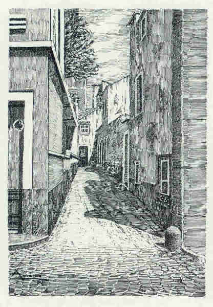 N 5 - Beco da Rua do Conde - Desenho de Arsnio Ressurreio - Ed. da Associao de Defesa do Patrimnio Histrico e Cultural de Santarm - 1990 - Dim. 10,5x15,1 cm - Col. Miguel Soares Lopes