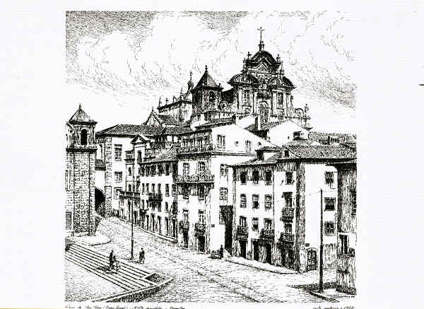 N 9 - Coimbra... uma saudade - srie I  Rua de S. Joo (troo final) - Alta demolida - Coimbra  Vista anterior a 1943 - Ed. de Livraria Minerva - Coimbra Autor dos desenhos: FRANCISCO MATIAS segundo fotos de A.C.S. - SD Dim. 15,5x11,7 cm - Col. Alfredo Rocha(2012).