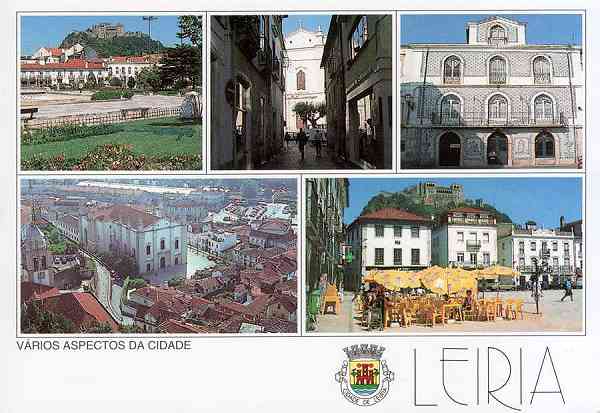 N. 18 - LEIRIA-Portugal Vrios aspectos da Cidade: Castelo, Rua Direita, Farmcia, Vista Panormica da S, Praa Rodrigues Lobo - Edio da Regio de Turismo de Leiria, Rota do Sol - S/D - Dimenses: 15x10 cm. - Col. R. Gaspar.