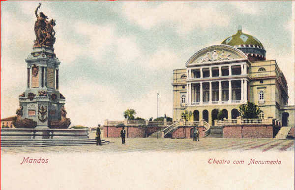 N 3987 - Manos, Theatro com Monumento - Dim. 14x8,9 cm - Edio Photographia Allem, Manos - Col. Amlcar Monge da Silva (cerca de 1900)