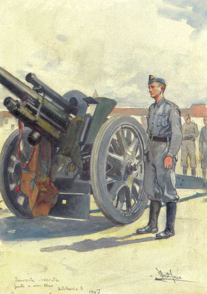 N 36 - Servente Recruta junto a um obus; Artilharia 3 (1947) - Edio Museu Militar, 1990 - Dim. 14,8x10,4 cm -  Aguarela de Alberto de Sousa - Col. Amlcar Monge da Silva