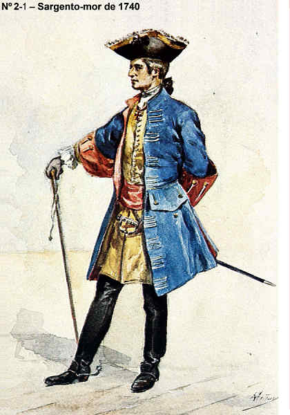 n 2-1 - Sargento-mor de 1740 - Aguarela do Cor. Ribeiro Artur - Edio Jornal do Exrcito, 1983 - Dim. 15x10,5 cm - Col. A. Monge da Silva.