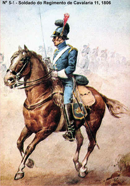 N 5-1 - Soldado do Regimento de Cavalaria 11, 1806 - Aguarela do Cor. Ribeiro Artur - Edio Jornal do Exrcito, 1983 - Dim. 15x10,5 cm - Col. A. Monge da Silva.