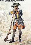 N 20-3 - Soldado de Infantaria do Regimento da Praa de Valena, 1762 - Aguarela do Cor. Ribeiro Artur - Edio Jornal do Exrcito, 1983 - Dim. 15x10,5 cm - Col. A. Monge da Silva.