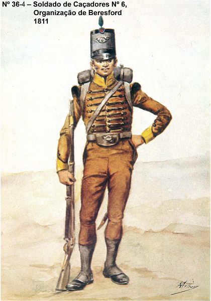 N 36-4 - Soldado de Caadores n 6, Organizao de Beresford, 1811 - Aguarela do Cor. Ribeiro Artur - Edio Jornal do Exrcito, 1983 - Dim. 15x10,5 cm - Col. A. Monge da Silva