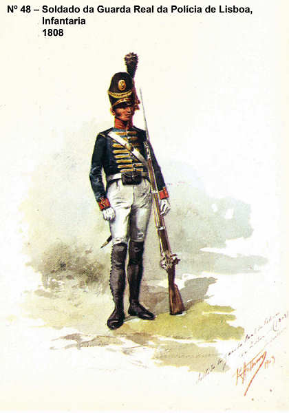 N 48 - Soldado da Guarda Real da Polcia de Lisboa, Infantaria, 1808 - Aguarela do Cor. Ribeiro Artur - Edio Jornal do Exrcito S/D (1983?) - Dim. 15x10,5 cm - Col. A. Monge da Silva