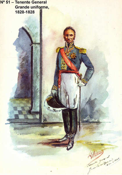 N 51 - Tenente General, Grande uniforme, 1820/28 - Aguarela do Cor. Ribeiro Artur - Edio Jornal do Exrcito S/D (1983?) - Dim. 15x10,5 cm - Col. A. Monge da Silva