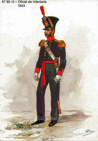 N 90-10 - Oficial de Infantaria, 1843 - Aguarela do Cor. Ribeiro Artur - Edio Jornal do Exrcito, 1983 - Dim. 15x10,3 cm - Col. A. Monge da Silva