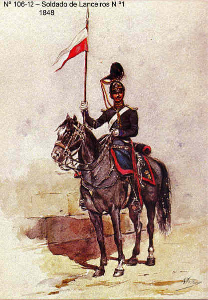 N 106-12 - Soldado de Lanceiros n 1, 1848 - Aguarela do Cor. Ribeiro Artur - Edio Jornal do Exrcito, 1983 - Dim. 15x10,3 cm - Col. A. Monge da Silva