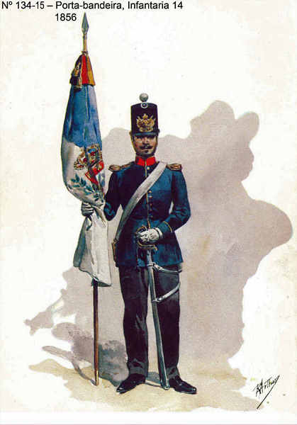 N 134-15 - Porta-bandeira, Infantaria 14, 1856 - Aguarela do Cor. Ribeiro Artur - Edio Jornal do Exrcito, 1985 - Dim. 15x10,3 cm - Col. A. Monge da Silva