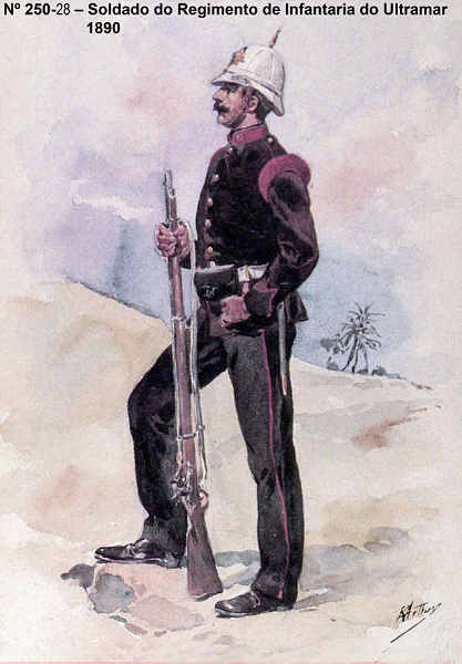 N 250-28 - Soldado do Regimento de Infantaria do Ultramar, 1890 - Aguarela do Cor. Ribeiro Artur - Edio Jornal do Exrcito, 1987 - Dim. 15x10,3 cm - Col. A. Monge da Silva