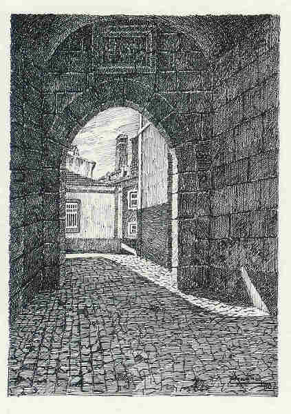 N 01 - Porta de Santiago - Desenho de Arsnio da Ressurreio - Edio Associao de Estudos e Defesa do Patrimnio Histrico-Cultural de Santarm - 1990 - Dim. 10,5x15,1cm - Col. Miguel Soares Lopes