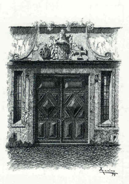 N 14 - Portal da Santa Casa da Misericrdia - Desenho de Arsnio Ressurreio - Edio Associao de Estudos e Defesa do Patrimnio Histrico-Cultural de Santarm - 1990  - Dim. 10,5x15,1cm - Col. Miguel Soares Lopes