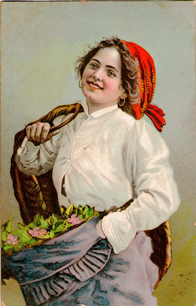 N 19829 - Jovem em traje regional com flores - Editor Stengel & co, Dresden, Alemanha - Dim. 139x90 mm - Col. A. Monge da Silva (c. 1907)