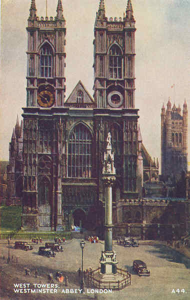 A44 - London, Westminster Abbey, West Towers - Reedio de Valentine & Suns em 1951 - Dim. 13,9x8,8 cm - Col. Amlcar Monge da Silva (cerca de 1915)