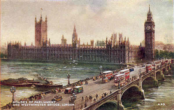 A49 - London, Houses of Parliament and Westminster Bridge - Reedio de Valentine & Suns em 1951 - Dim. 13,9x8,8 cm - Col. Amlcar Monge da Silva (cerca de 1915)