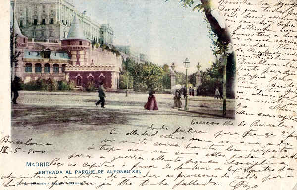 SN - Madrid. Entrada do Parque Afonso XIII - Edio annima - Dim. ??x?? cm - Circulado em 1900 - Col. Amlcar Monge da Silva