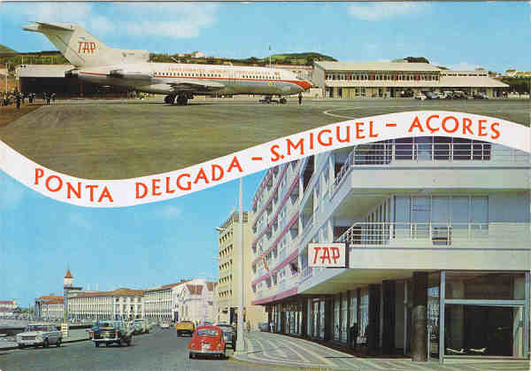Nº 53 - Ponta Delgada S. Miguel Açores. Aeroporto e aspecto da cidade - Ed. Fotagrafia Nóbrega, Lda - SD - Dim. 15x10,4 cm. - Col. M Bóia (1981).