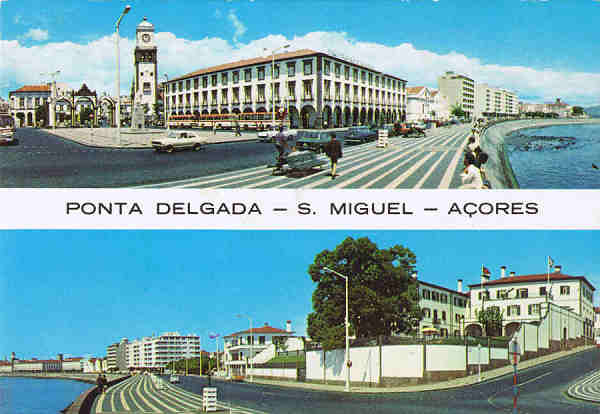 N.º 63 - PONTA DELGADA (Açores) Um aspecto da Cidade - Ed. NÓBREGA,Lda 9500 PONTA DELGADA - S. MIGUEL - AÇORES LITO OF. ARTISTAS REUNIDOS-PORTO - S/D - Dim. 15x10,5 cm. - Col. Manuel Bóia (1981).