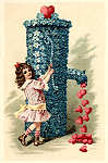SN - Bomba de gua em flores azuis jorrando coraes (em relevo) - Edio annima - Dim. 14x9 cm - Col. Amlcar Monge da Silva (cerca de 1908)