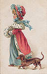 SN - Senhorita de capa e chapu vermelhos com co (Relevo) - Editor H & S, Alemanha - Circulado em 1909 - Dim. 13,7x8,6 cm - Col. Amlcar Monge da Silva