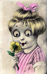 N1033 - Menina cheirando flor (olhos mveis) - Editor Weco-Hans Wiesner & Co, Berlin - Dim. 13,4x8,5 cm - Col. Amlcar Monge da Silva (cerca de 1925 a 1930)