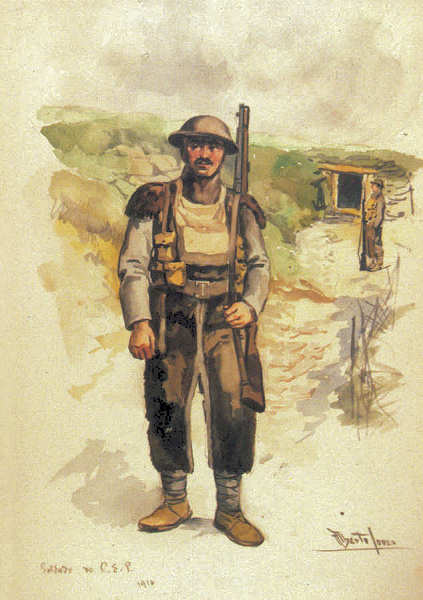 N 14 - Soldado do C E P 1916 - Edio Museu Militar, 1989 - Dim. 14,8x10,4 cm -  Aguarela de Alberto de Sousa - Col. Amlcar Monge da Silva