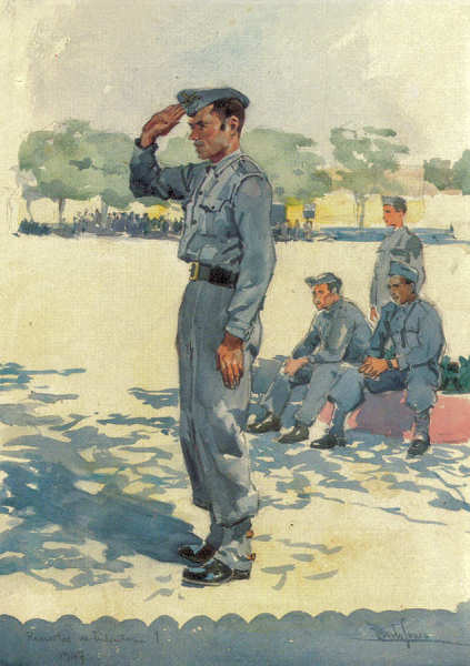 N 28 - Recrutas de Infantaria 1 (1947) - Edio Museu Militar, 1990 - Dim. 14,8x10,4 cm -  Aguarela de Alberto de Sousa - Col. Amlcar Monge da Silva